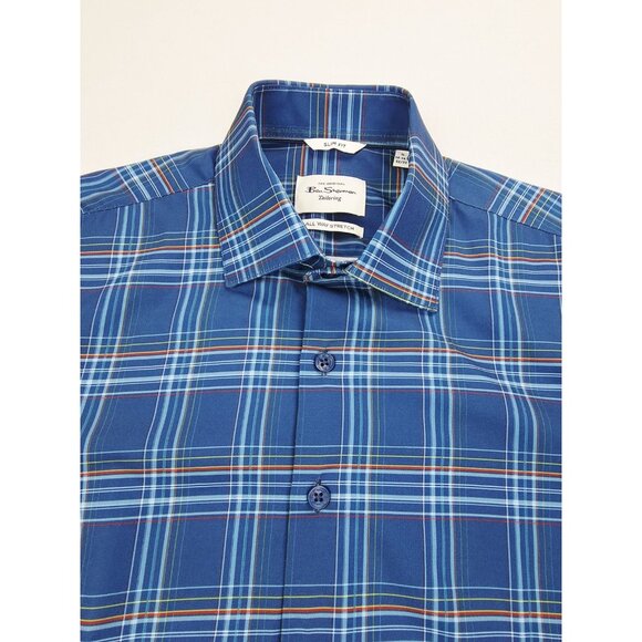 Ben Sherman Slim Small 14-14.5 32-33 All Way Stretch Blue Plaid Polyester Shirt - Picture 1 of 10